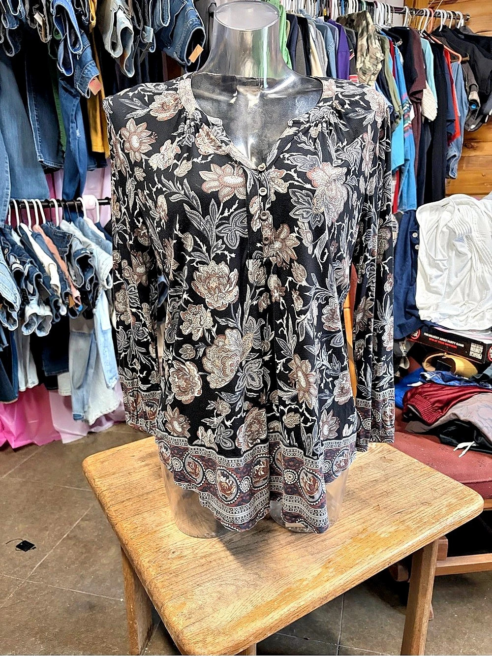 Lucky Brand Paisley Long Sleeve Tunic in Black & Brown Size Large